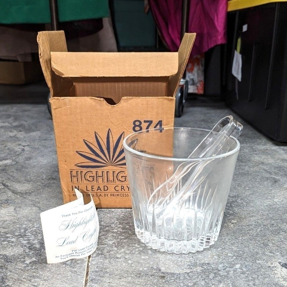 Vintage Princess House Highlights Lead Crystal Ice Bucket and Tongs in Box